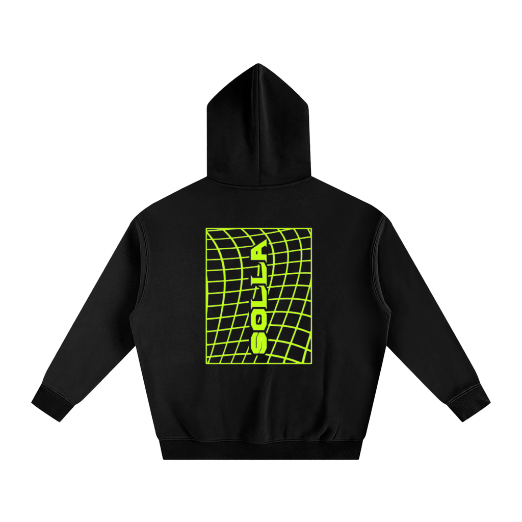 Solla Black hoodie with a yellow grid pattern and text on the back, on a white background