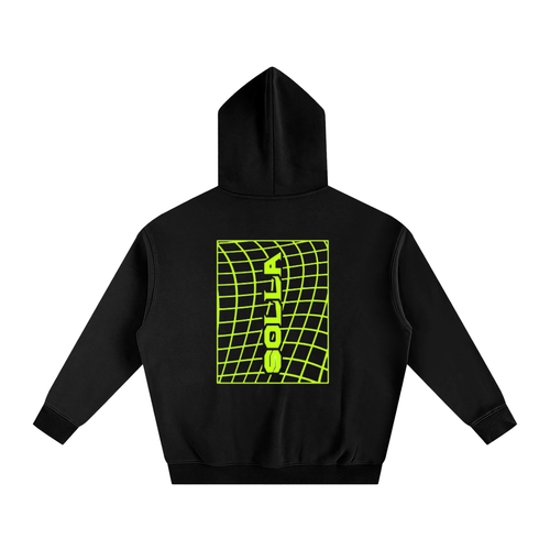 Solla Black hoodie with a yellow grid pattern and text on the back, on a white background